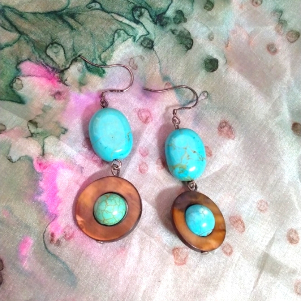 Turquoise and mother of pearl earrings with silver ear wires